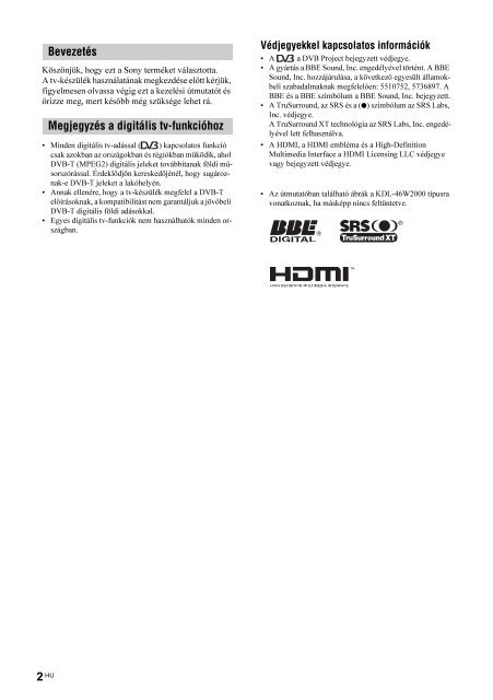 Sony KDL-46W2000 - KDL-46W2000 Istruzioni per l'uso Ungherese