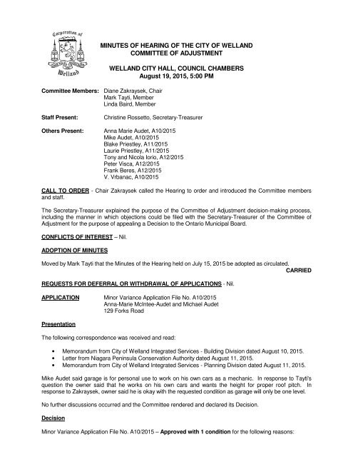 MINUTES OF HEARING OF THE CITY OF WELLAND COMMITTEE ...