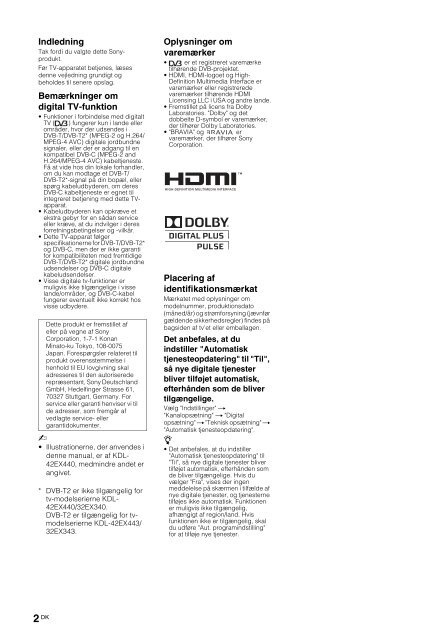 Sony KDL-42EX443 - KDL-42EX443 Istruzioni per l'uso Danese