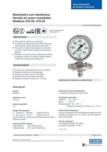 Manómetro con membrana Versión en acero inoxidable Modelos 432.50 433.50