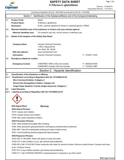 glutathione sds SAFETY DATA SHEET S-Nitroso-L-glutathione Section 2 Hazards Identification