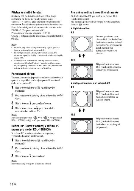 Sony KDL-15G2000 - KDL-15G2000 Istruzioni per l'uso Ceco