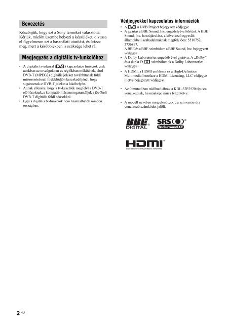 Sony KDL-32P2530 - KDL-32P2530 Istruzioni per l'uso Ungherese