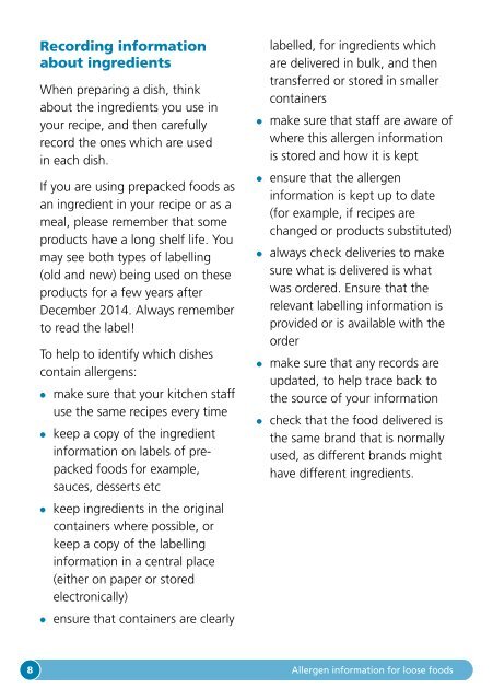 Allergen information for loose foods