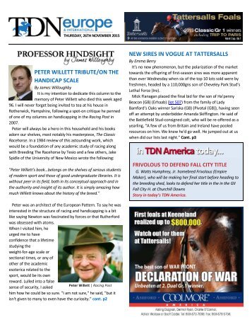 PETER WILLETT TRIBUTE/ON THE HANDICAP SCALE NEW SIRES IN VOGUE AT TATTERSALLS