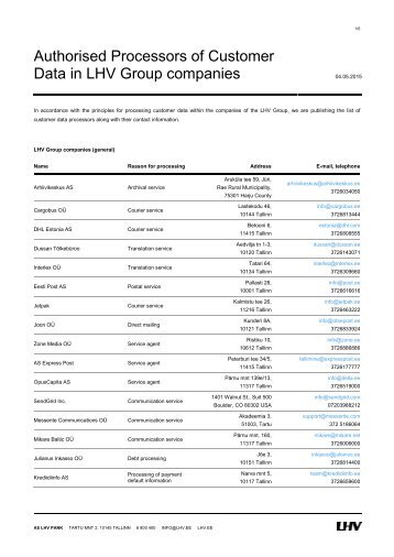 Authorised Processors of Customer Data in LHV Group companies