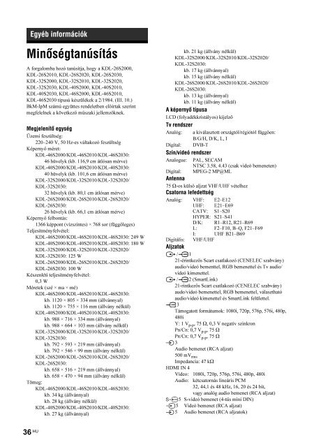 Sony KDL-46S2000 - KDL-46S2000 Istruzioni per l'uso Ungherese