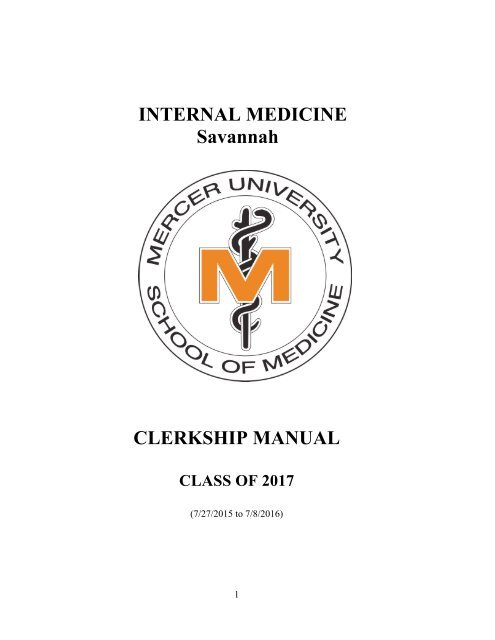 INTERNAL MEDICINE Savannah CLERKSHIP MANUAL