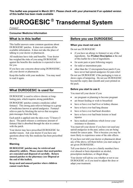 Durogesic (Fentanyl) Drug / Medicine Information