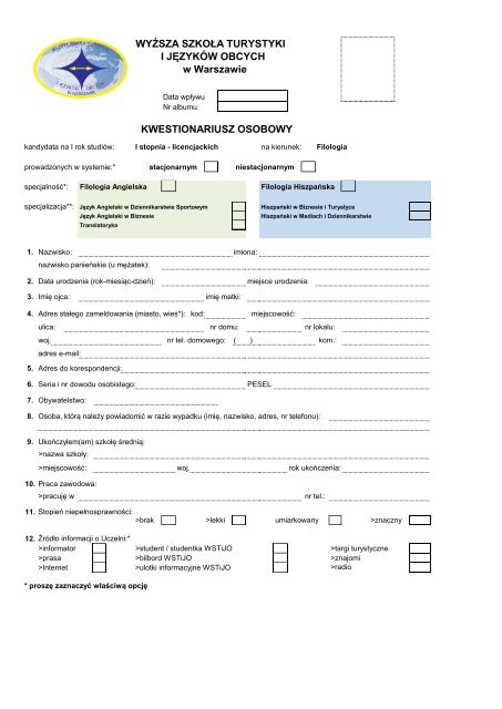 WYŻSZA SZKOŁA TURYSTYKI I JĘZYKÓW OBCYCH w Warszawie KWESTIONARIUSZ OSOBOWY