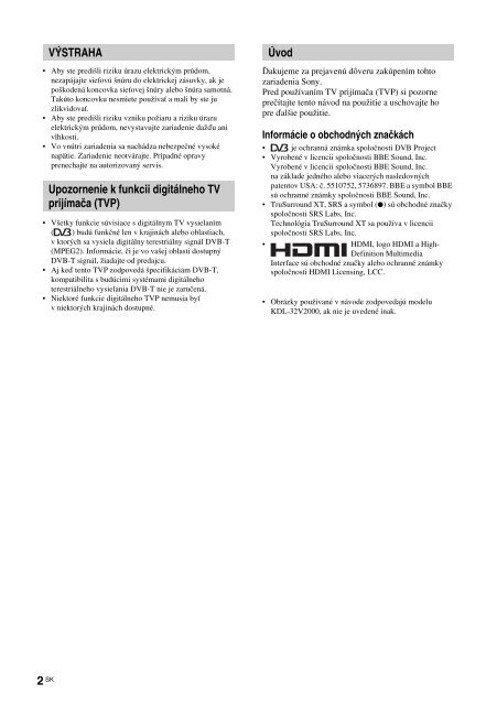 Sony KDL-46V2000 - KDL-46V2000 Istruzioni per l'uso Slovacco