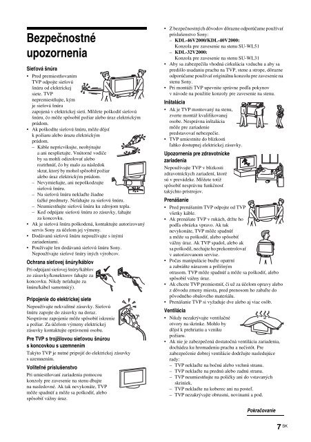 Sony KDL-46V2000 - KDL-46V2000 Istruzioni per l'uso Slovacco