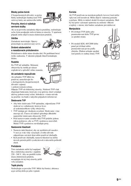Sony KDL-46V2000 - KDL-46V2000 Istruzioni per l'uso Slovacco