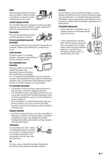 Sony KDL-46S2030 - KDL-46S2030 Istruzioni per l'uso Ungherese