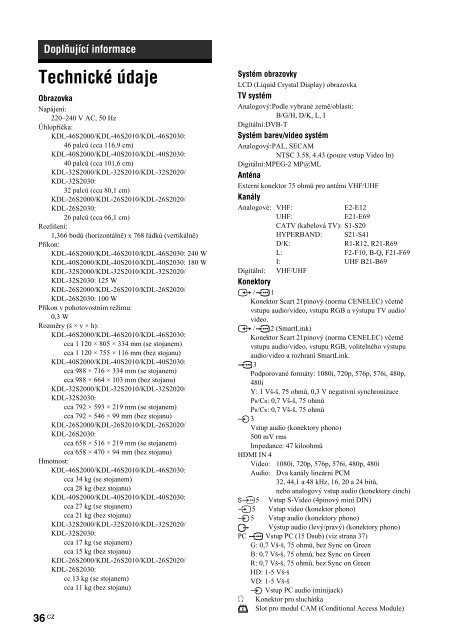 Sony KDL-46S2030 - KDL-46S2030 Istruzioni per l'uso Ceco