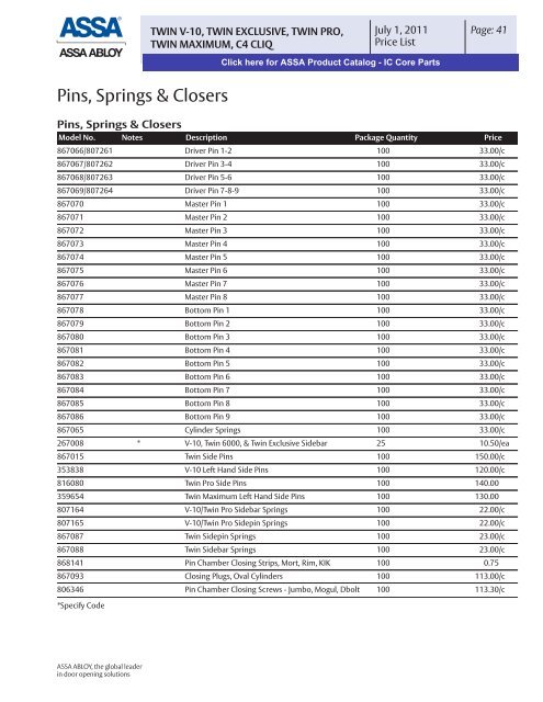 ASSA. 2011 Price List - Mfsales.com