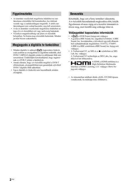 Sony KDL-32V2000 - KDL-32V2000 Istruzioni per l'uso Ungherese