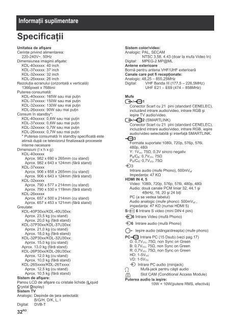 Sony KDL-26U3000 - KDL-26U3000 Istruzioni per l'uso Rumeno