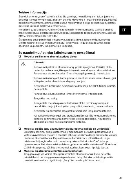 Sony SVE1713E1R - SVE1713E1R Documenti garanzia Lituano