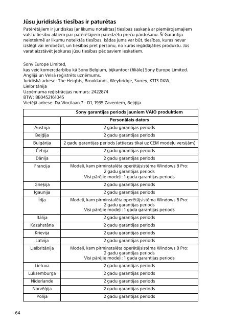 Sony SVE1713E1R - SVE1713E1R Documenti garanzia Lituano