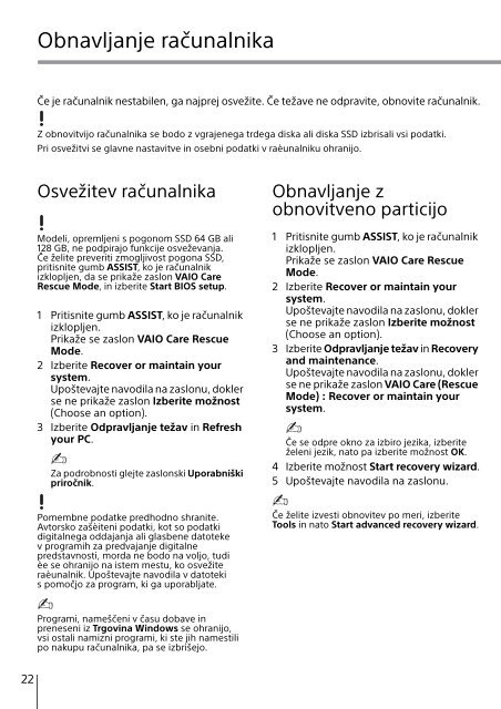Sony SVE1713E1R - SVE1713E1R Guida alla risoluzione dei problemi Sloveno