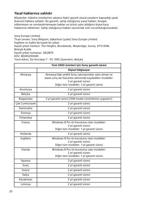 Sony SVE1712C1E - SVE1712C1E Documenti garanzia Turco