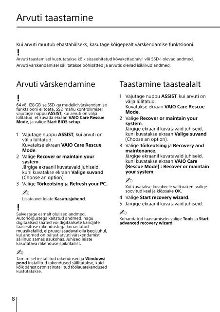 Sony SVE1712C1E - SVE1712C1E Guida alla risoluzione dei problemi Estone