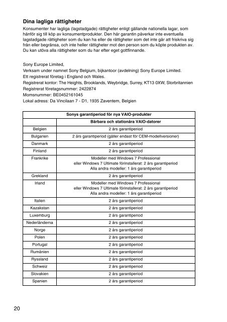 Sony VPCSE1L1E - VPCSE1L1E Documenti garanzia Norvegese