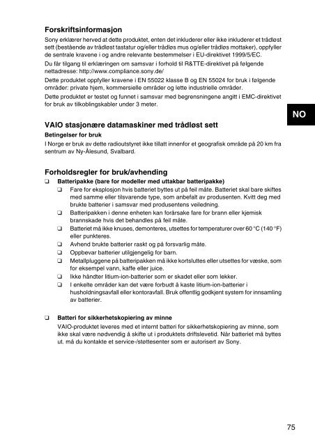 Sony VPCSE1L1E - VPCSE1L1E Documenti garanzia Norvegese