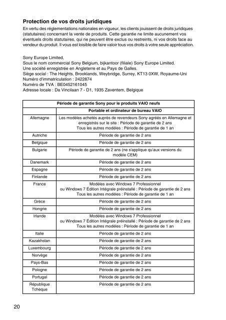 Sony VPCSE1L1E - VPCSE1L1E Documenti garanzia Francese