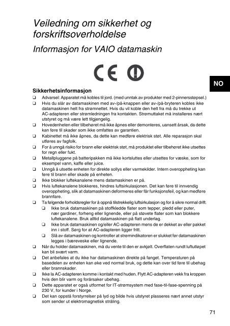 Sony VPCEH2Q1E - VPCEH2Q1E Documenti garanzia Norvegese