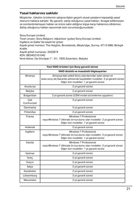 Sony VPCSB1B7E - VPCSB1B7E Documenti garanzia Turco