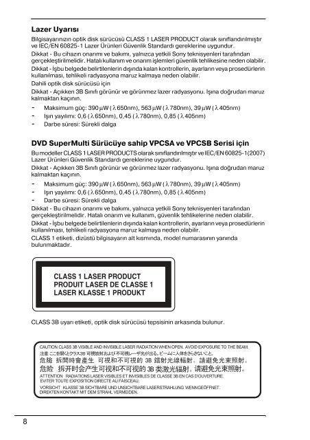 Sony VPCSB1B7E - VPCSB1B7E Documenti garanzia Turco