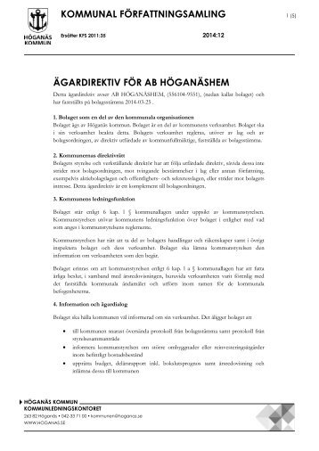 KOMMUNAL FÖRFATTNINGSAMLING ÄGARDIREKTIV FÖR AB HÖGANÄSHEM