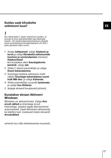 Sony SVE1713D4E - SVE1713D4E Guida alla risoluzione dei problemi Estone