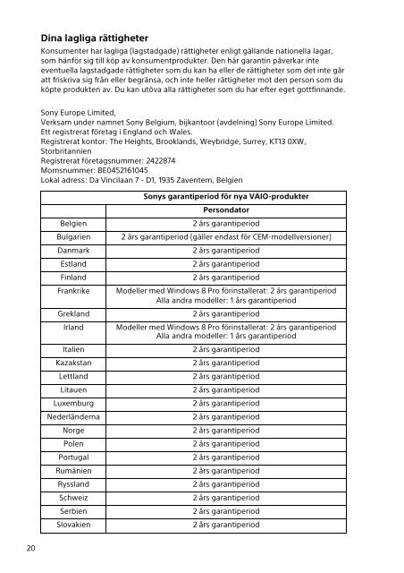 Sony SVE1713D4E - SVE1713D4E Documenti garanzia Finlandese