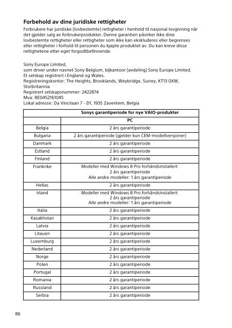 Sony SVE1713D4E - SVE1713D4E Documenti garanzia Finlandese