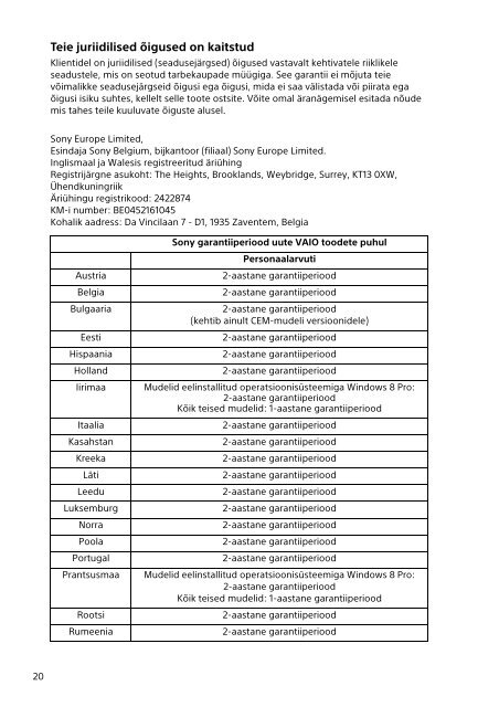 Sony SVD1321K4R - SVD1321K4R Documenti garanzia Estone