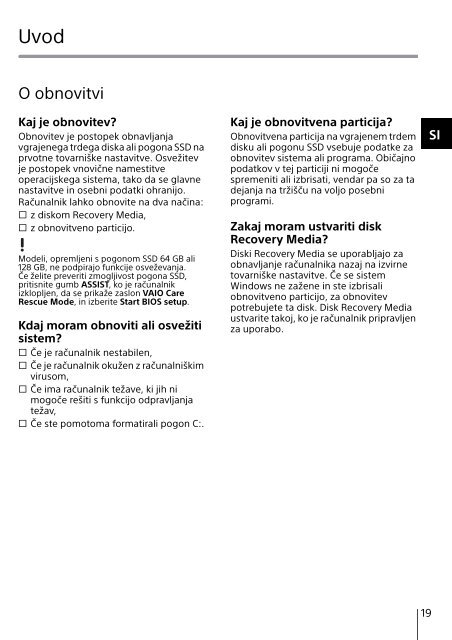 Sony SVE14A3V1R - SVE14A3V1R Guida alla risoluzione dei problemi Sloveno
