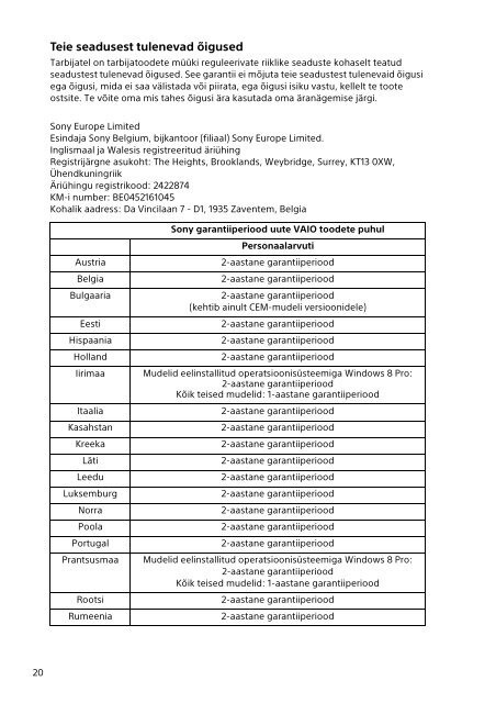 Sony SVE14A3V1R - SVE14A3V1R Documenti garanzia Estone