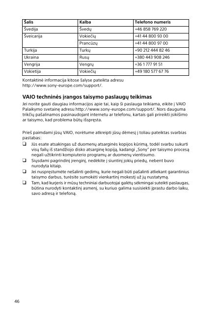 Sony SVE14A3V1R - SVE14A3V1R Documenti garanzia Lituano