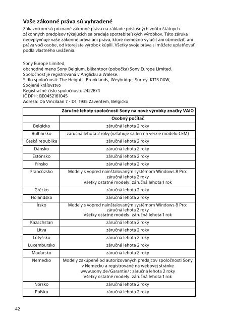 Sony SVF1421X1E - SVF1421X1E Documenti garanzia Ceco