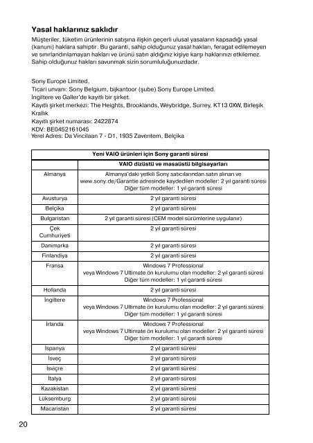 Sony SVE1511C5E - SVE1511C5E Documenti garanzia Turco