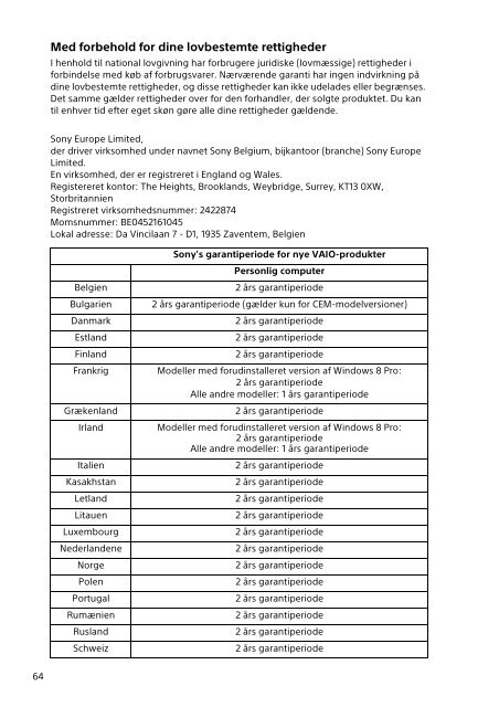 Sony SVE1511M1E - SVE1511M1E Documenti garanzia Polacco