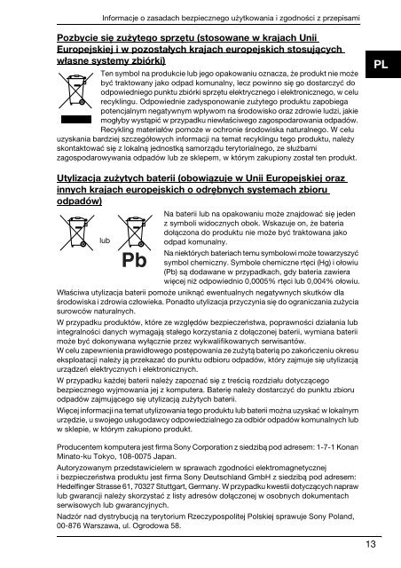 Sony VPCEJ1M1E - VPCEJ1M1E Documenti garanzia Polacco