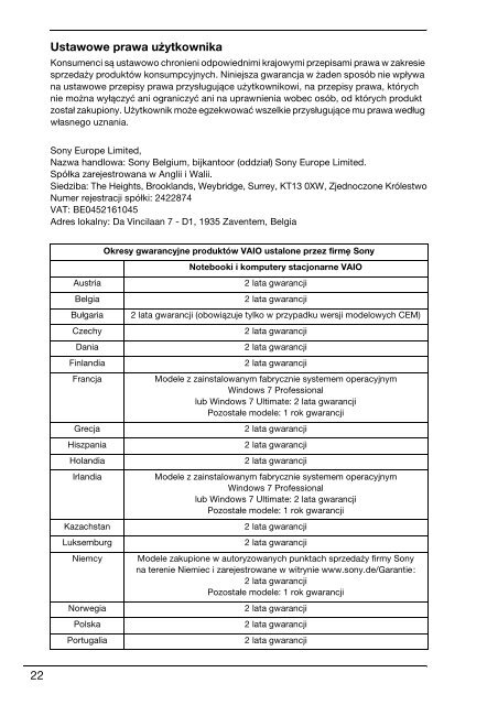 Sony VPCEJ1M1E - VPCEJ1M1E Documenti garanzia Polacco