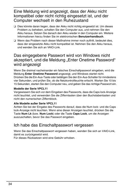 Sony VPCX11Z1E - VPCX11Z1E Guida alla risoluzione dei problemi Tedesco