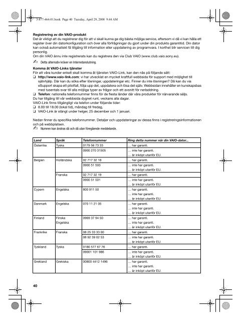 Sony VGX-TP3S - VGX-TP3S Documenti garanzia Svedese