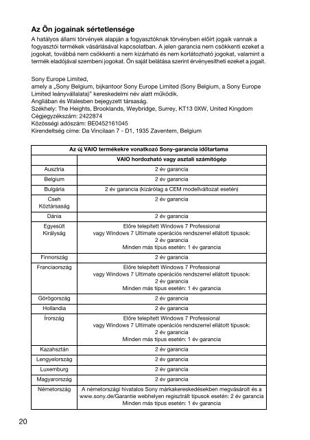 Sony SVE1711G1R - SVE1711G1R Documenti garanzia Ungherese