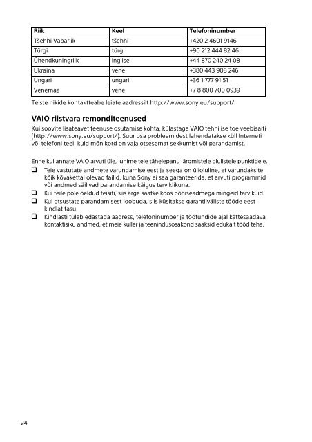 Sony SVF1521E1R - SVF1521E1R Documenti garanzia Estone